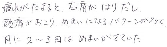 4091・71・疲れがたまると、右肩がはりだし、頭痛が起こり、めまいになるパターンが多く、月に、3回はめまいがでていた